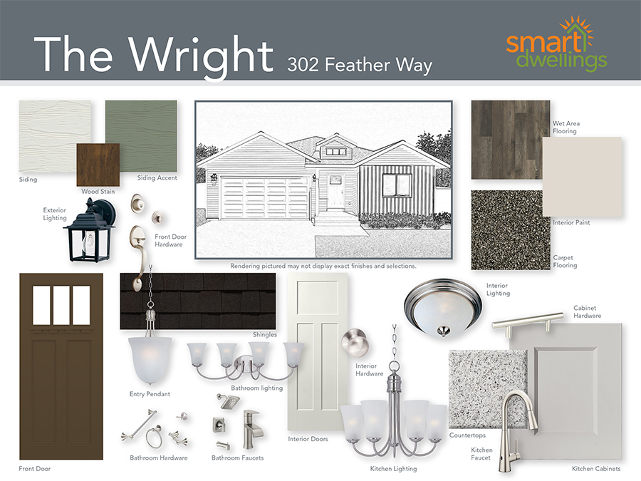 Product Board for 302 Feather Way with satin nickel lighting fixtures, bathroom faucets, hardware, entry pendant light, interior door colors, dentil front door, siding accent with wood stain, wet flooring area, carpet and folkstone gray cabinetry with granite finishes